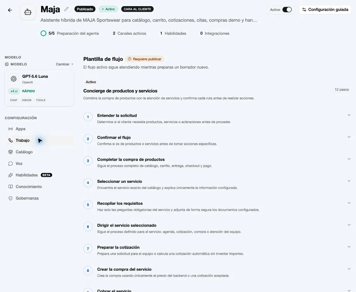 Configuración del flujo de trabajo de un agente de IA en Interlinked AI, con pasos para entender la solicitud, completar la compra y cobrar