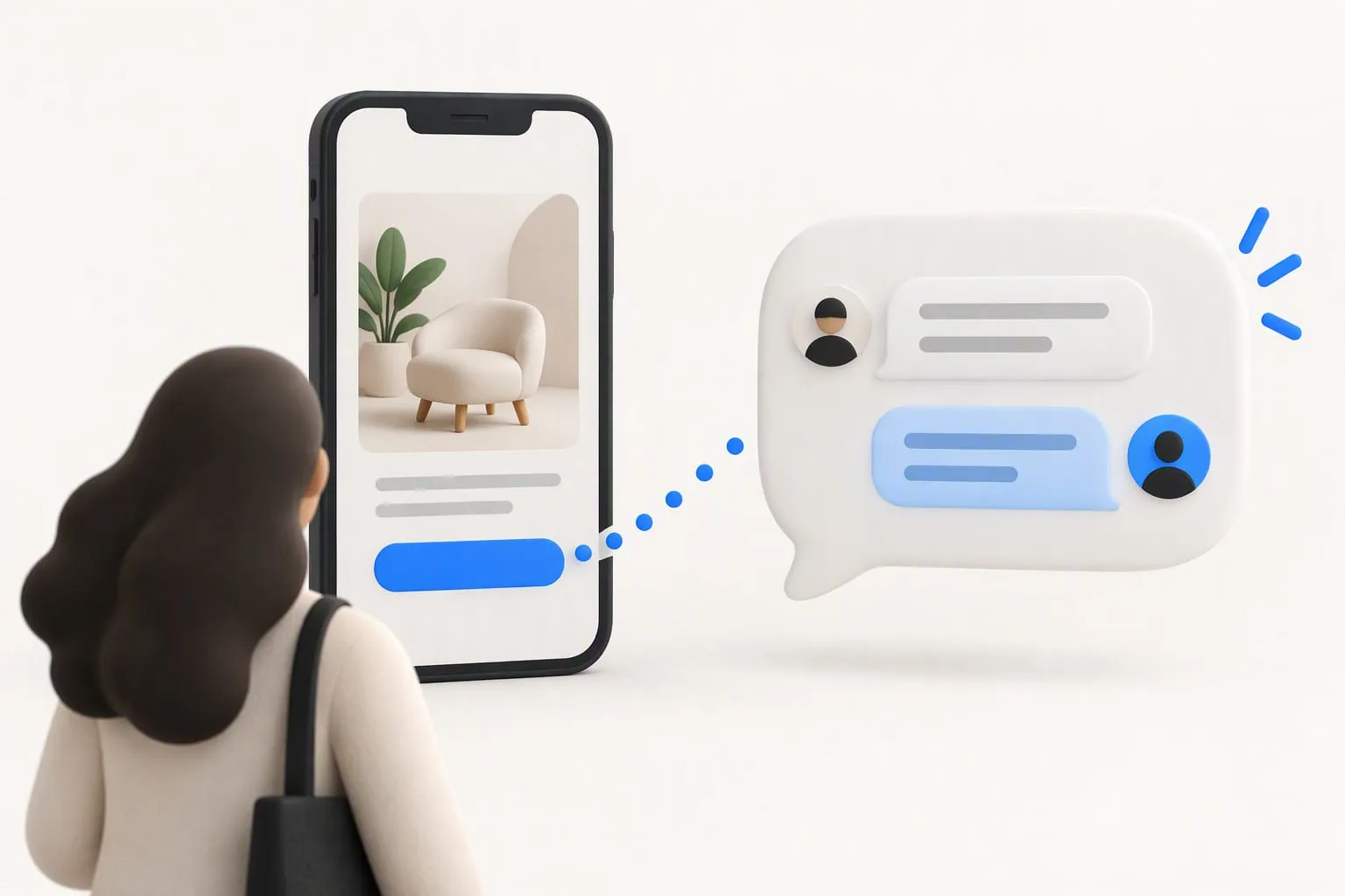 Ilustración de una persona que toca un anuncio en su celular y entra directamente a una conversación de chat