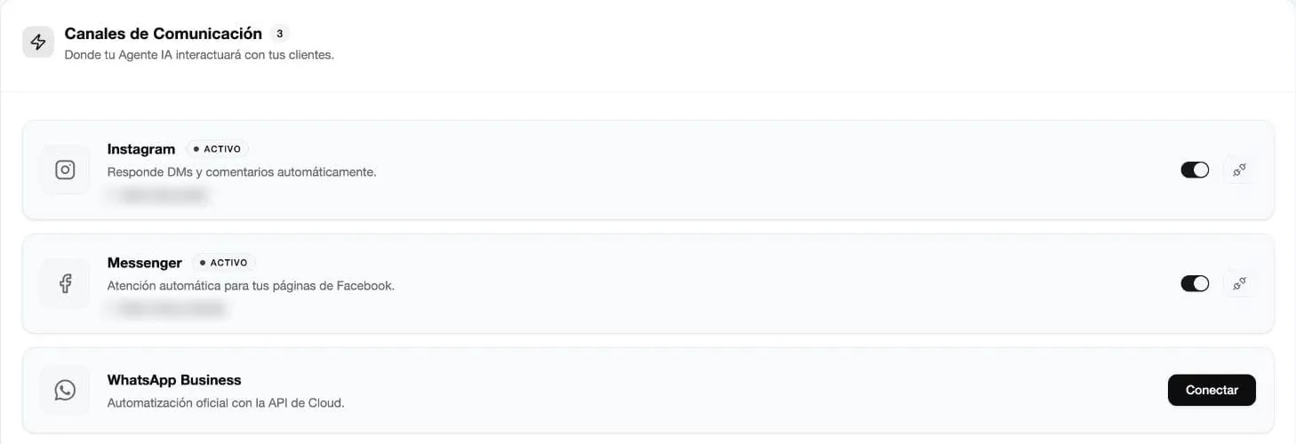 Pantalla de canales de Interlinked AI con WhatsApp Business conectado mediante la API oficial de Cloud