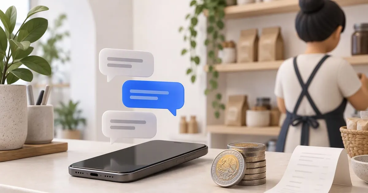 Celular sobre el mostrador de una tienda con burbujas de chat y una pila de monedas de pesos mexicanos