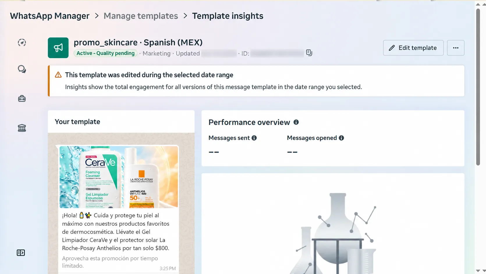 WhatsApp Manager mostrando una plantilla de marketing con datos operativos anonimizados