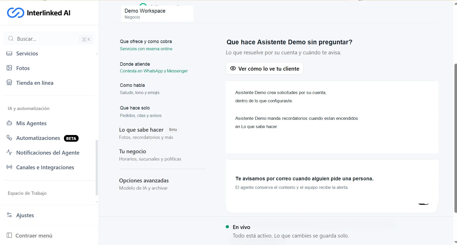 Panel de configuración de las acciones que un agente de IA puede ejecutar por su cuenta